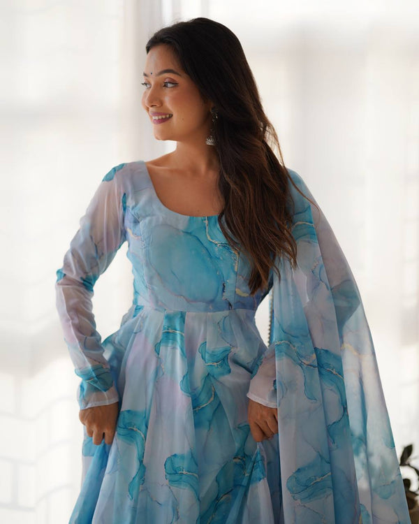 Sky Blue Designer Pure Organza Silk Marble Print Anarkali Set with Dupatta & Pant ClothsVilla