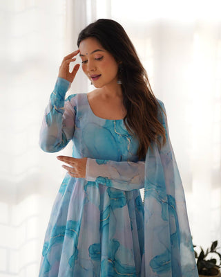 Sky Blue Designer Pure Organza Silk Marble Print Anarkali Set with Dupatta & Pant ClothsVilla