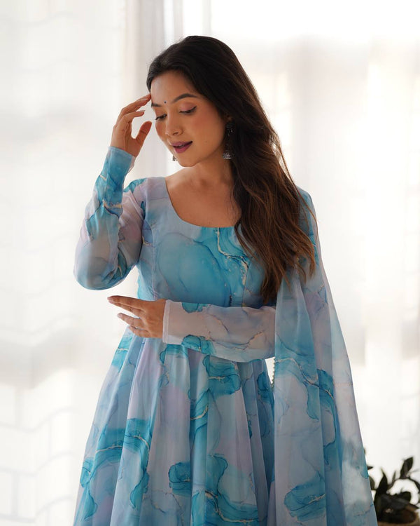 Sky Blue Designer Pure Organza Silk Marble Print Anarkali Set with Dupatta & Pant ClothsVilla