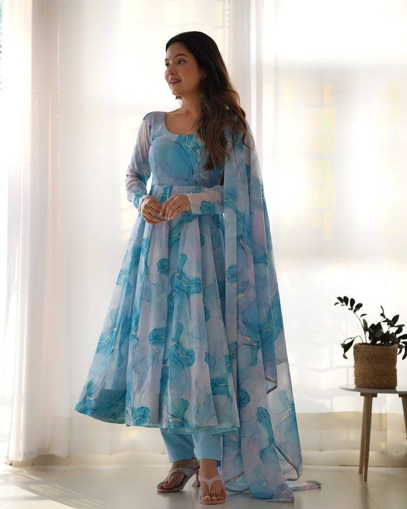 Sky Blue Designer Pure Organza Silk Marble Print Anarkali Set with Dupatta & Pant ClothsVilla
