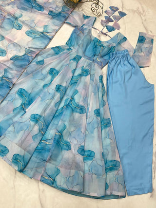 Sky Blue Designer Pure Organza Silk Marble Print Anarkali Set with Dupatta & Pant ClothsVilla