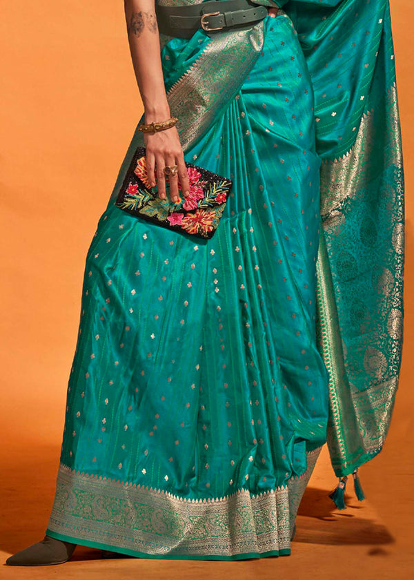 Sky Blue Designer Satin Silk Saree with Blouse Piece ClothsVilla