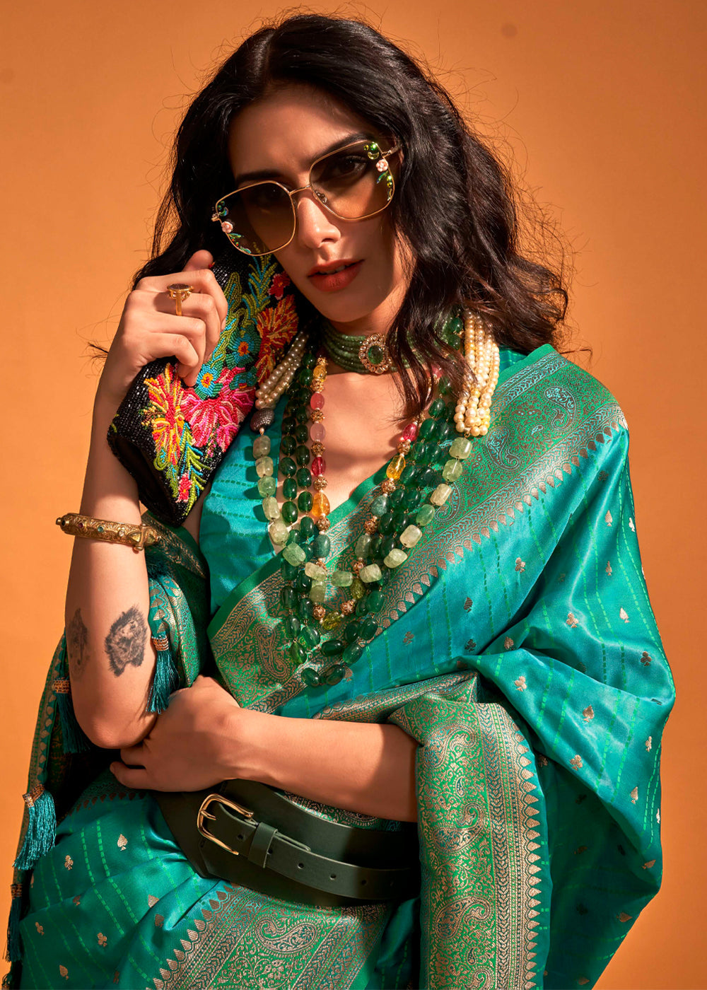 Sky Blue Designer Satin Silk Saree with Blouse Piece Secondary image