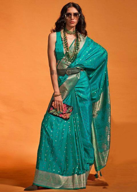 Sky Blue Designer Satin Silk Saree with Blouse Piece ClothsVilla Main image