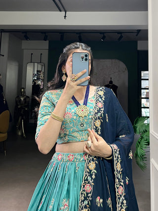Sky Blue Designer Slab Silk Embroidered Lehenga Choli Set with Chiffon Dupatta ClothsVilla