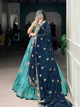 Sky Blue Designer Slab Silk Embroidered Lehenga Choli Set with Chiffon Dupatta ClothsVilla