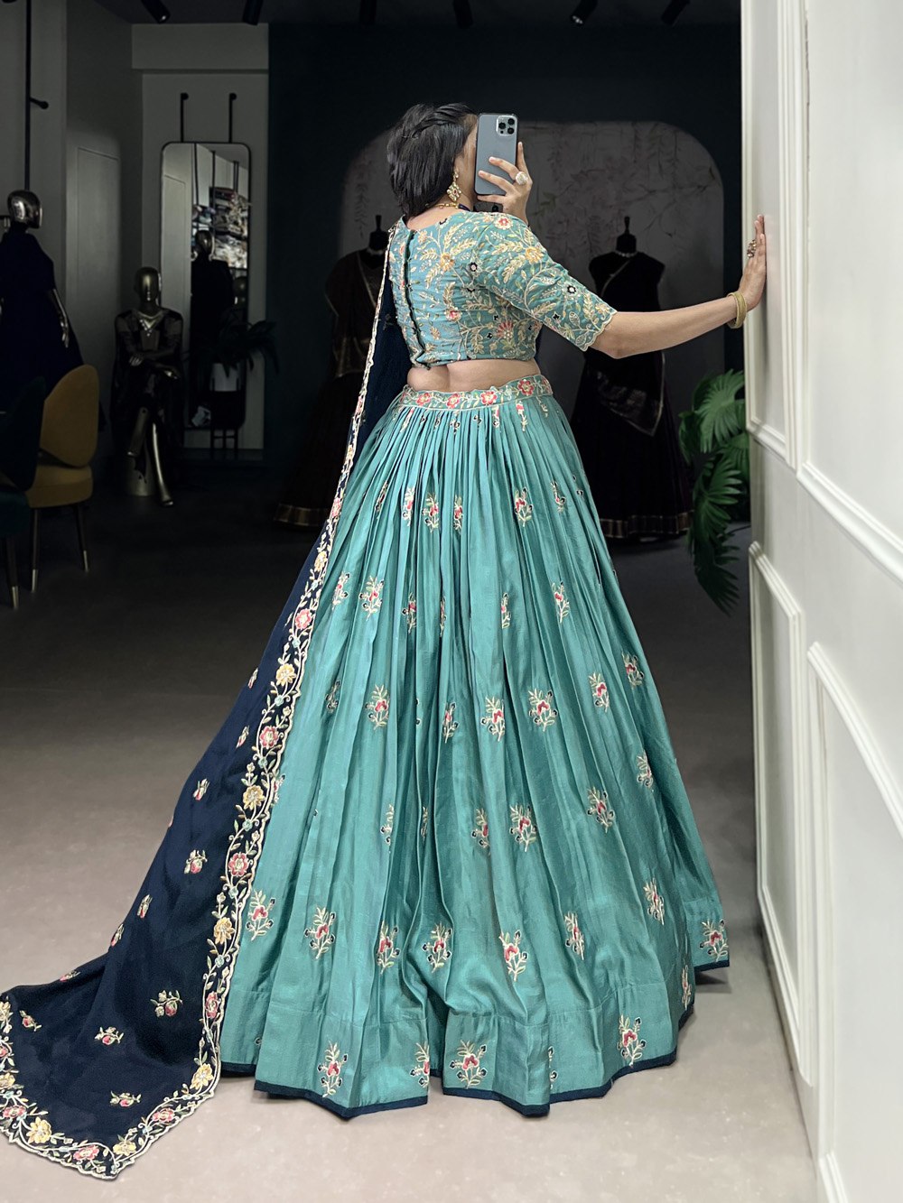 Sky Blue Designer Slab Silk Embroidered Lehenga Choli Set with Chiffon Dupatta ClothsVilla