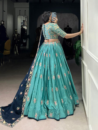Sky Blue Designer Slab Silk Embroidered Lehenga Choli Set with Chiffon Dupatta ClothsVilla