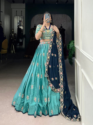 Sky Blue Designer Slab Silk Embroidered Lehenga Choli Set with Chiffon Dupatta ClothsVilla