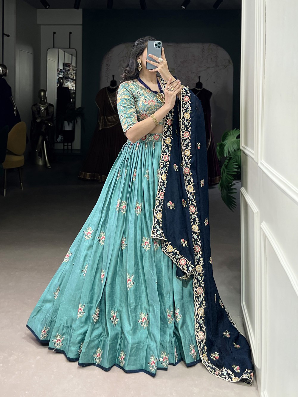 Sky Blue Designer Slab Silk Embroidered Lehenga Choli Set with Chiffon Dupatta ClothsVilla
