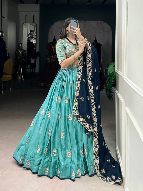 Sky Blue Designer Slab Silk Embroidered Lehenga Choli Set with Chiffon Dupatta ClothsVilla