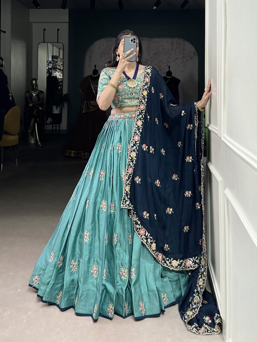Sky Blue Designer Slab Silk Embroidered Lehenga Choli Set with Chiffon Dupatta ClothsVilla