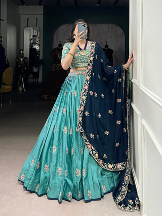 Sky Blue Designer Slab Silk Embroidered Lehenga Choli Set with Chiffon Dupatta ClothsVilla