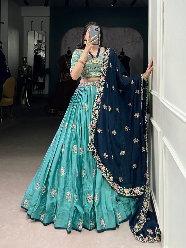 Sky Blue Designer Slab Silk Embroidered Lehenga Choli Set with Chiffon Dupatta ClothsVilla
