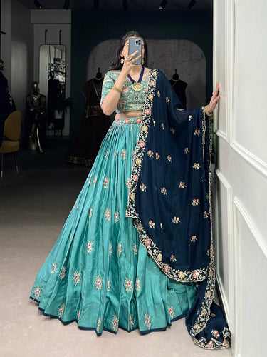 Sky Blue Designer Slab Silk Embroidered Lehenga Choli Set with Chiffon Dupatta ClothsVilla