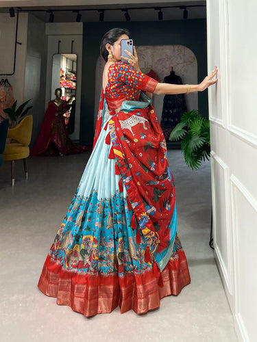 Sky Blue Dola Silk Lehenga Choli with Kalamkari Print & Weaving Border ClothsVilla