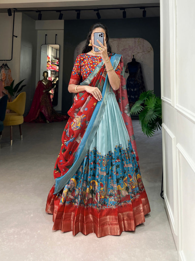 Sky Blue Dola Silk Lehenga Choli with Kalamkari Print & Weaving Border ClothsVilla
