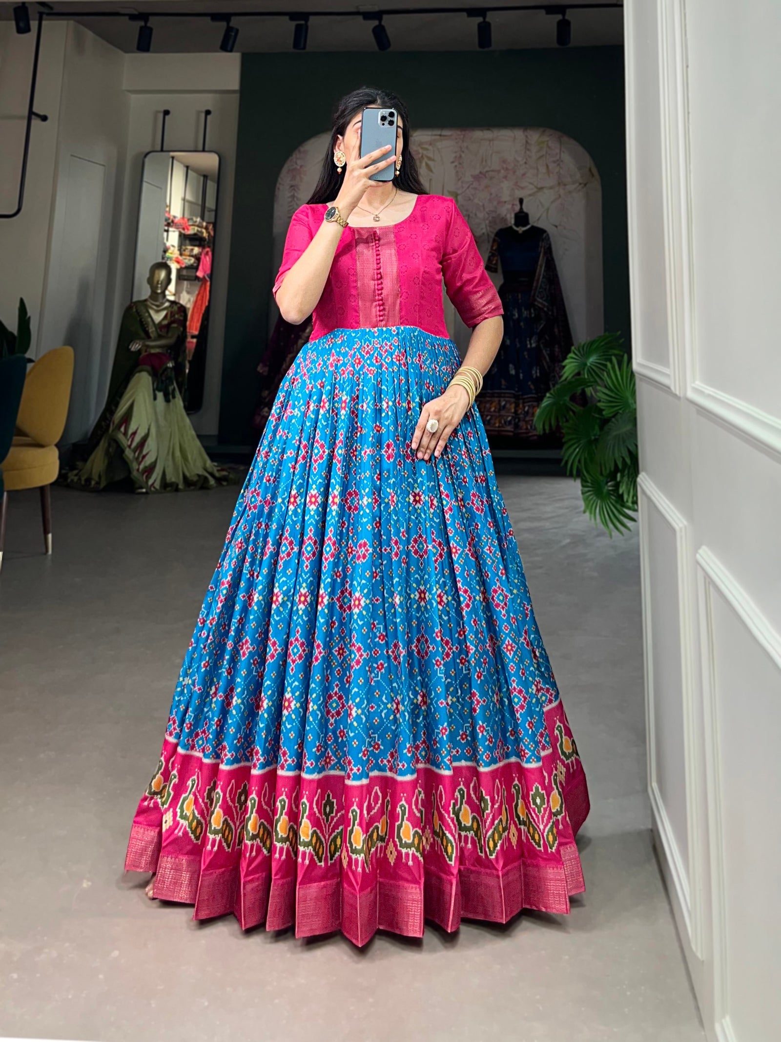Sky Blue Dola Silk Printed Gown - Embrace Elegance and Comfort ClothsVilla