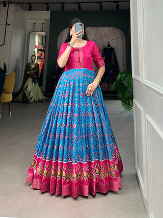Sky Blue Dola Silk Printed Gown - Embrace Elegance and Comfort ClothsVilla