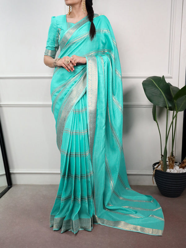 Sky Blue Dola Silk Saree with Zari Weaving ClothsVilla