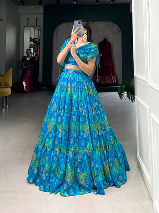 Sky Blue Effortless Elegance Chiffon Floral Print Co-ord Set ClothsVilla