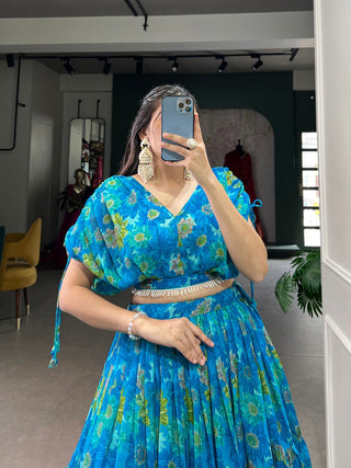 Sky Blue Effortless Elegance Chiffon Floral Print Co-ord Set ClothsVilla