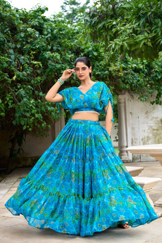 Sky Blue Effortless Elegance Chiffon Floral Print Co-ord Set ClothsVilla