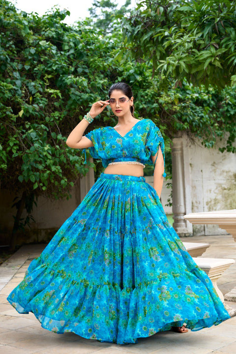 Sky Blue Effortless Elegance Chiffon Floral Print Co-ord Set ClothsVilla Main image