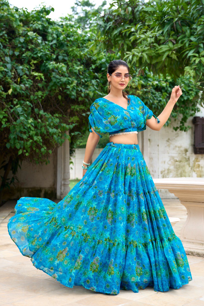 Sky Blue Effortless Elegance Chiffon Floral Print Co-ord Set ClothsVilla