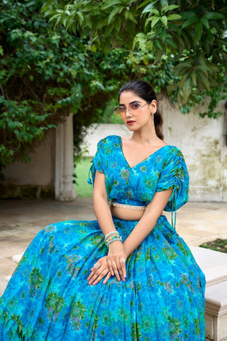 Sky Blue Effortless Elegance Chiffon Floral Print Co-ord Set ClothsVilla