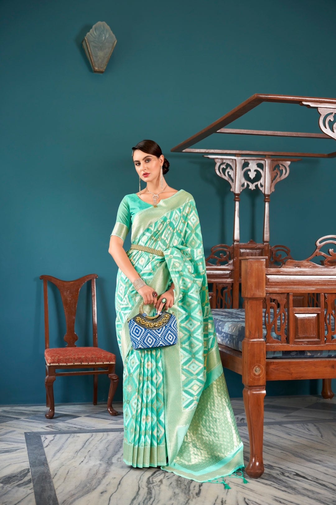 Sky Blue Elegant Banarasi Saree with Geometric Zari Weaving ClothsVilla Main image