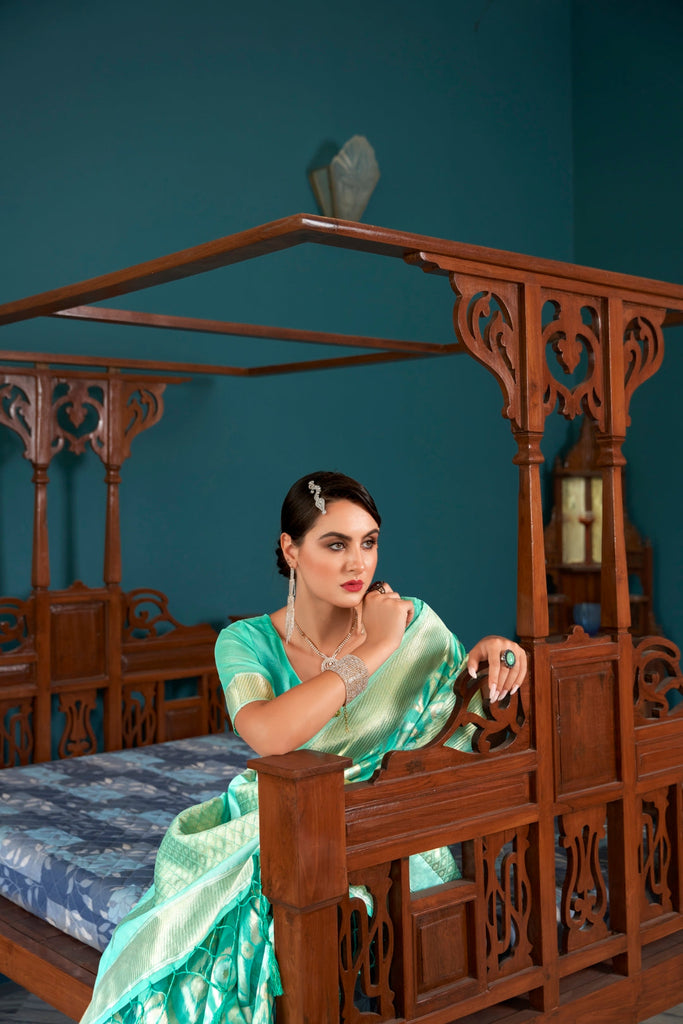 Sky Blue Elegant Banarasi Saree with Geometric Zari Weaving ClothsVilla