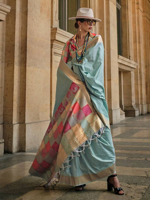 Sky Blue Elegant Banarasi Silk Blend Saree with Tassel Detailing – Unstitched Blouse Piece ClothsVilla