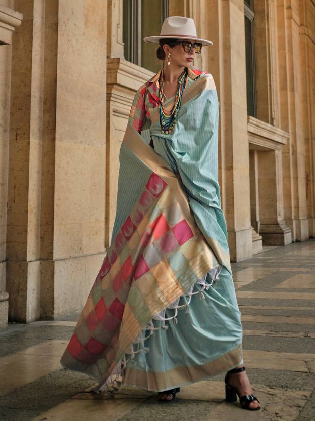 Sky Blue Elegant Banarasi Silk Blend Saree with Tassel Detailing – Unstitched Blouse Piece ClothsVilla