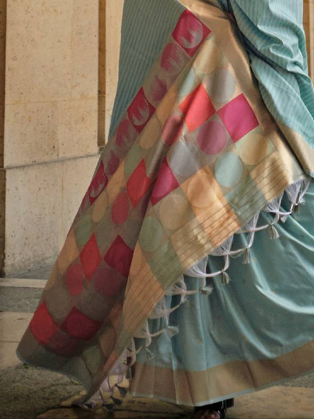 Sky Blue Elegant Banarasi Silk Blend Saree with Tassel Detailing – Unstitched Blouse Piece ClothsVilla