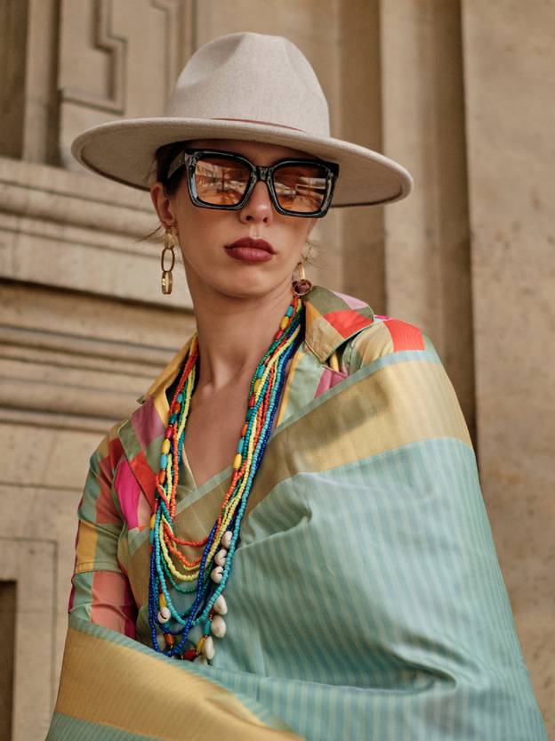 Sky Blue Elegant Banarasi Silk Blend Saree with Tassel Detailing – Unstitched Blouse Piece ClothsVilla