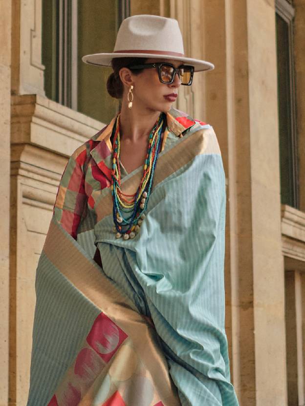 Sky Blue Elegant Banarasi Silk Blend Saree with Tassel Detailing – Unstitched Blouse Piece ClothsVilla