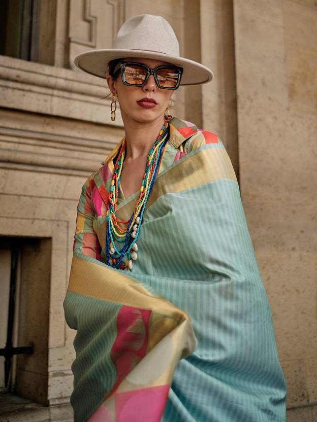 Sky Blue Elegant Banarasi Silk Blend Saree with Tassel Detailing – Unstitched Blouse Piece ClothsVilla