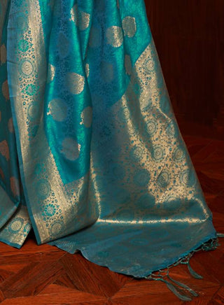 Sky Blue Elegant Banarasi Silk Blend Saree with Unstitched Blouse Piece ClothsVilla