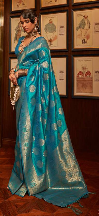 Sky Blue Elegant Banarasi Silk Blend Saree with Unstitched Blouse Piece ClothsVilla