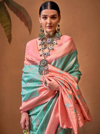 Sky Blue Elegant Banarasi Silk Blend Saree with Unstitched Blouse ClothsVilla