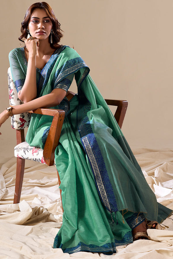 Sky Blue Elegant Banarasi Silk Blend Saree with Zari Woven Border ClothsVilla