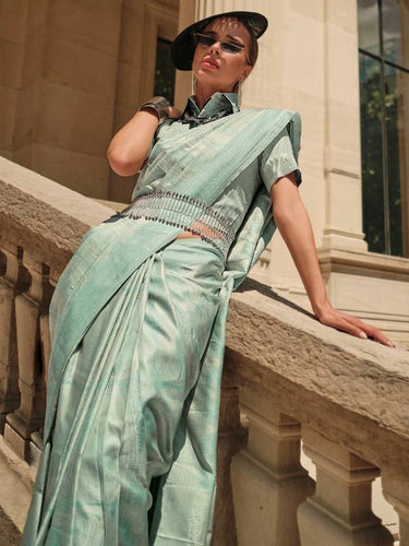 Sky Blue Elegant Banarasi Silk Blend Woven Saree with Tassel Detailing ClothsVilla