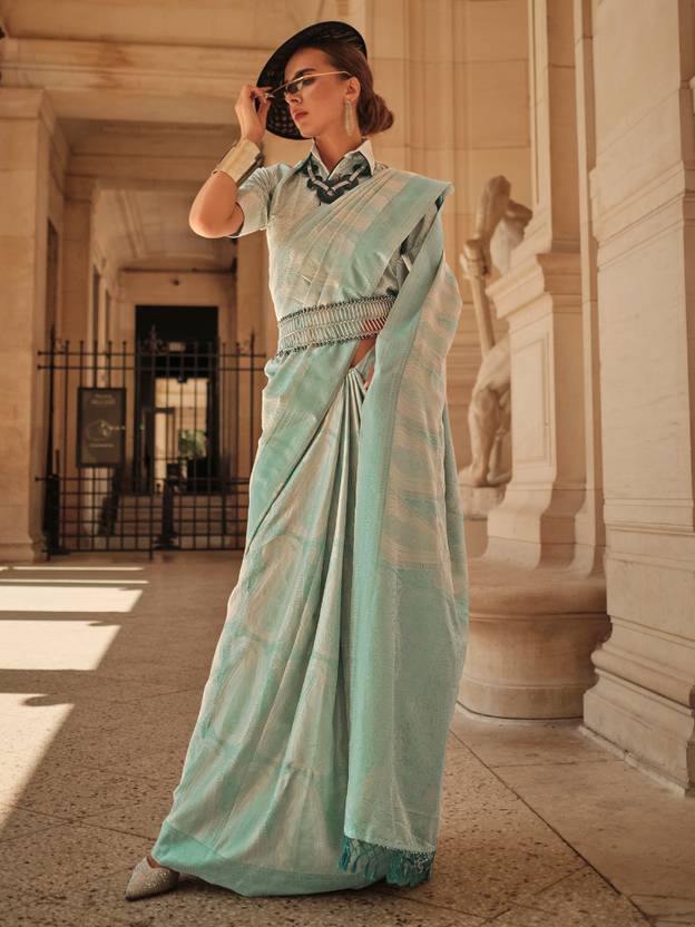 Sky Blue Elegant Banarasi Silk Blend Woven Saree with Tassel Detailing ClothsVilla