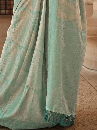 Sky Blue Elegant Banarasi Silk Blend Woven Saree with Tassel Detailing ClothsVilla