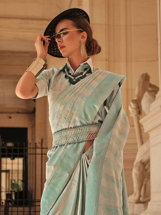 Sky Blue Elegant Banarasi Silk Blend Woven Saree with Tassel Detailing ClothsVilla