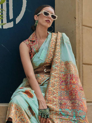 Sky Blue Elegant Banarasi Silk Blend Woven Saree with Unstitched Blouse Piece ClothsVilla