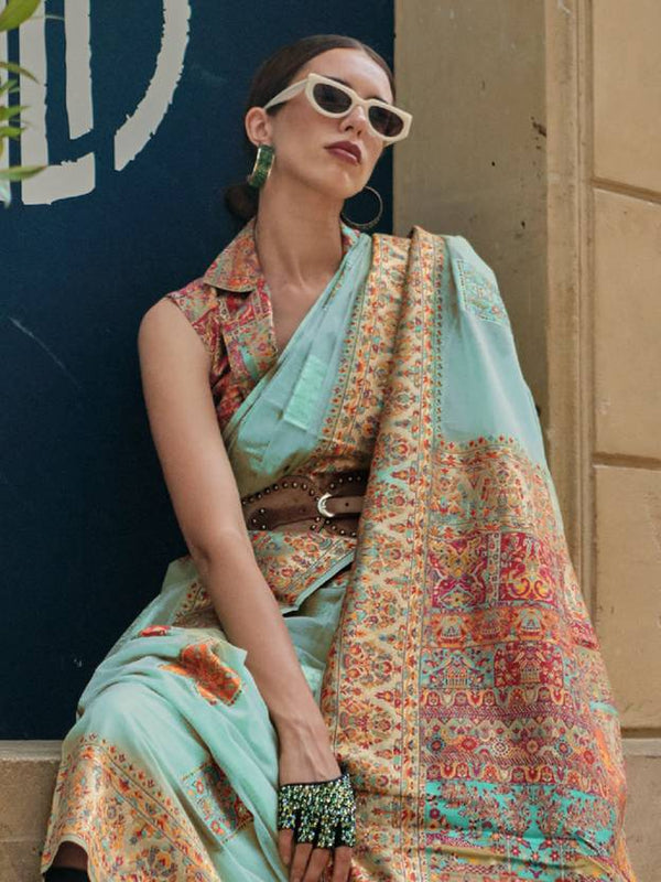 Sky Blue Elegant Banarasi Silk Blend Woven Saree with Unstitched Blouse Piece ClothsVilla