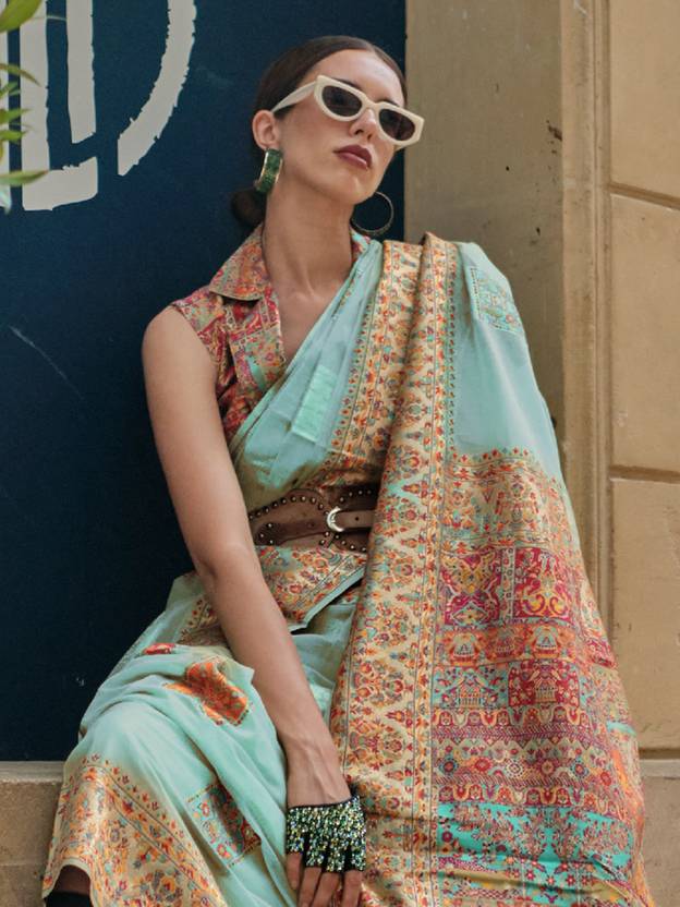 Sky Blue Elegant Banarasi Silk Blend Woven Saree with Unstitched Blouse Piece ClothsVilla