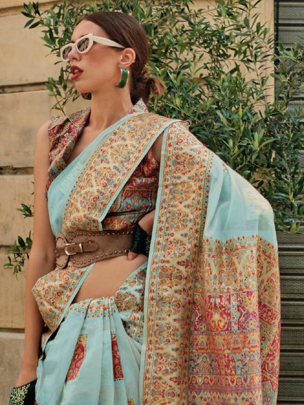 Sky Blue Elegant Banarasi Silk Blend Woven Saree with Unstitched Blouse Piece ClothsVilla